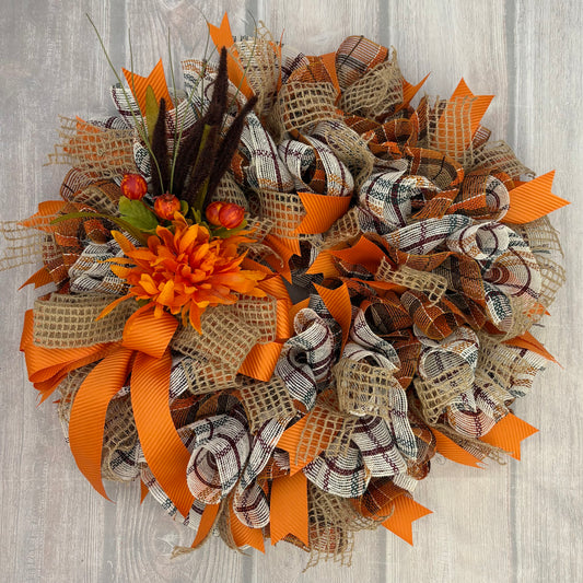 Harvest Plaid & Pumpkin Spice – 24” Fall Wreath