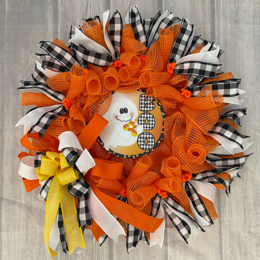 Boo Ghost Halloween Wreath – 25” Orange & Black Check Door Décor