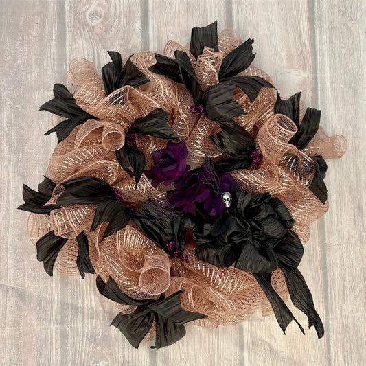 Rose Gold & Black Halloween Wreath – 24” Gothic Glam Door Décor