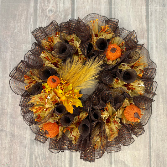 Pumpkin & Wheat Harvest Wreath – 24” Rustic Autumn Door Décor