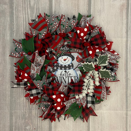 Hello Winter Ribbon Wreath – 18” Snowman & Plaid Cheer