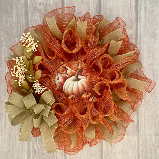 Harvest Pumpkin Glow Wreath – 24” Autumn Mesh Wreath