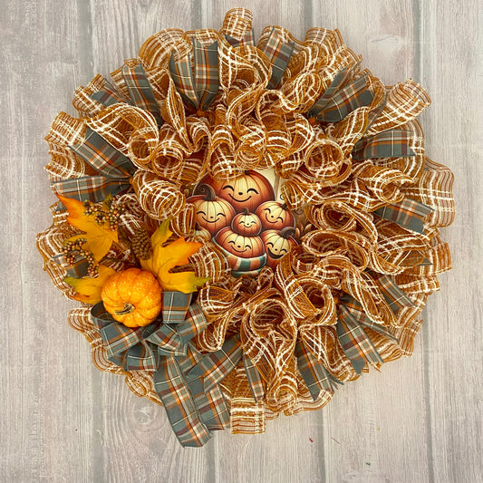 Harvest Smiles Wreath – 24” Fall Mesh Wreath with Plaid Ribbon & Pumpkin Sign (Free Shipping + Storage Bag)