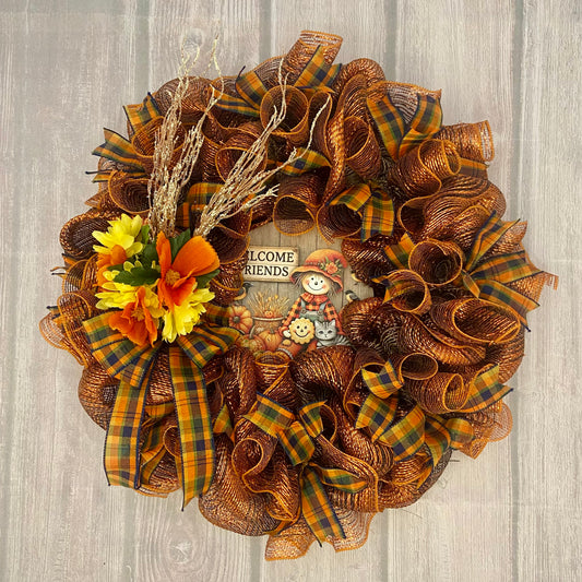 Welcome Friends Wreath – 26” Fall Mesh Door Decor with Scarecrow Sign & Free Shipping