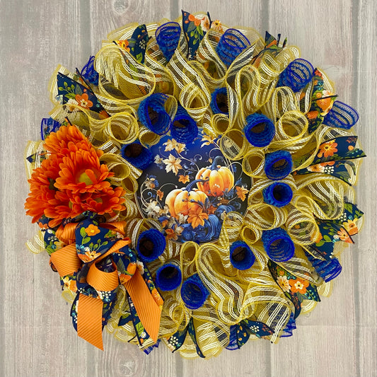 Autumn Elegance Wreath – 24” Mesh Pumpkin & Floral Fall Door Decor