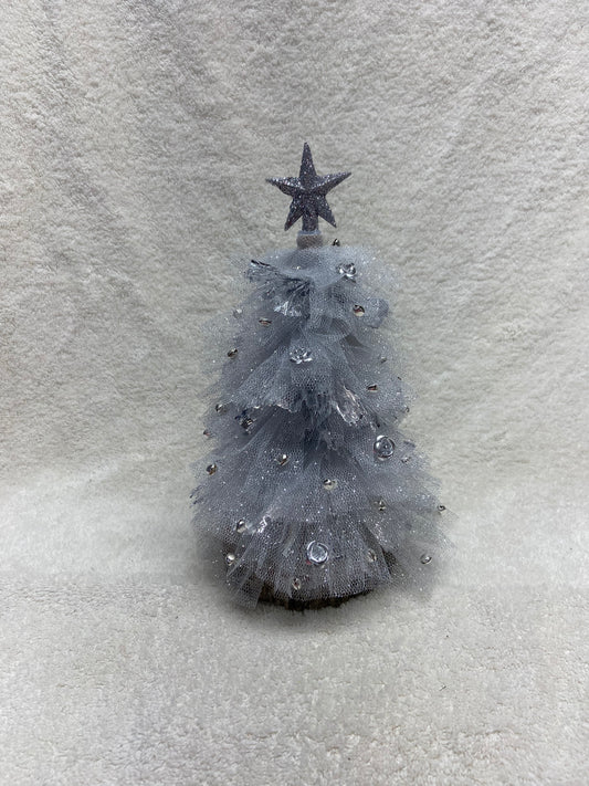 Silver Bell Frost – 10” Silver Whimsy Tulle Tree with Glitter Star