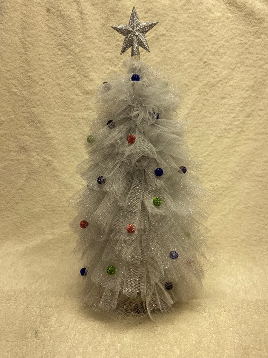 Sugar Sleigh Sparkle – 15” Silver Tulle Whimsy Tree with Star & Baubles