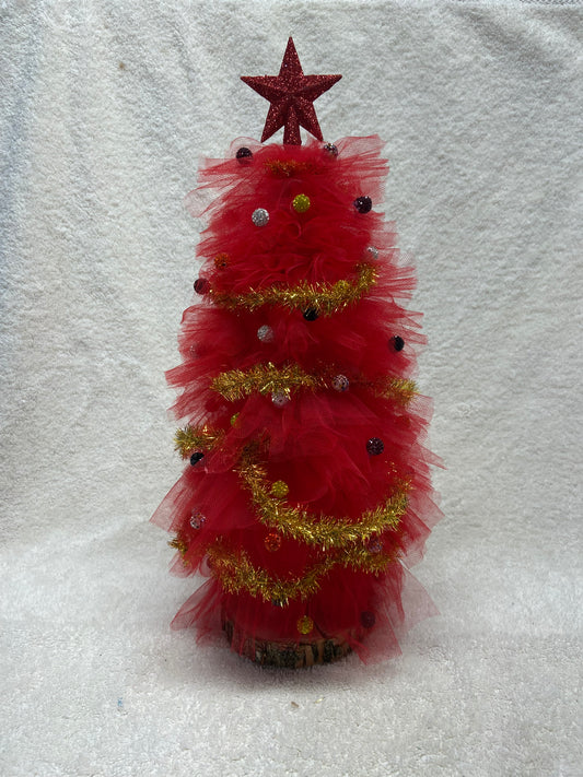Cherry Jubilee – 15” Red Tulle Whimsy Tree with Gold Garland & Sparkle Baubles