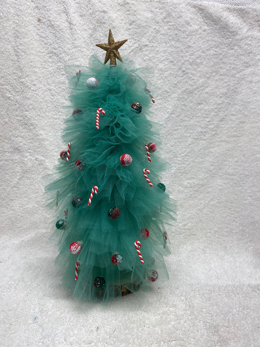 Merry Mint Delight – 15” Green Tulle Whimsy Tree with Candy Cane Ornaments