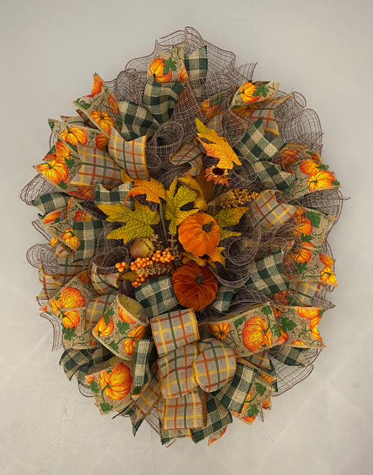 Harvest Favorite Wreath – 26” Oval Fall Wreath with Pumpkins & Plaid Ribbons
