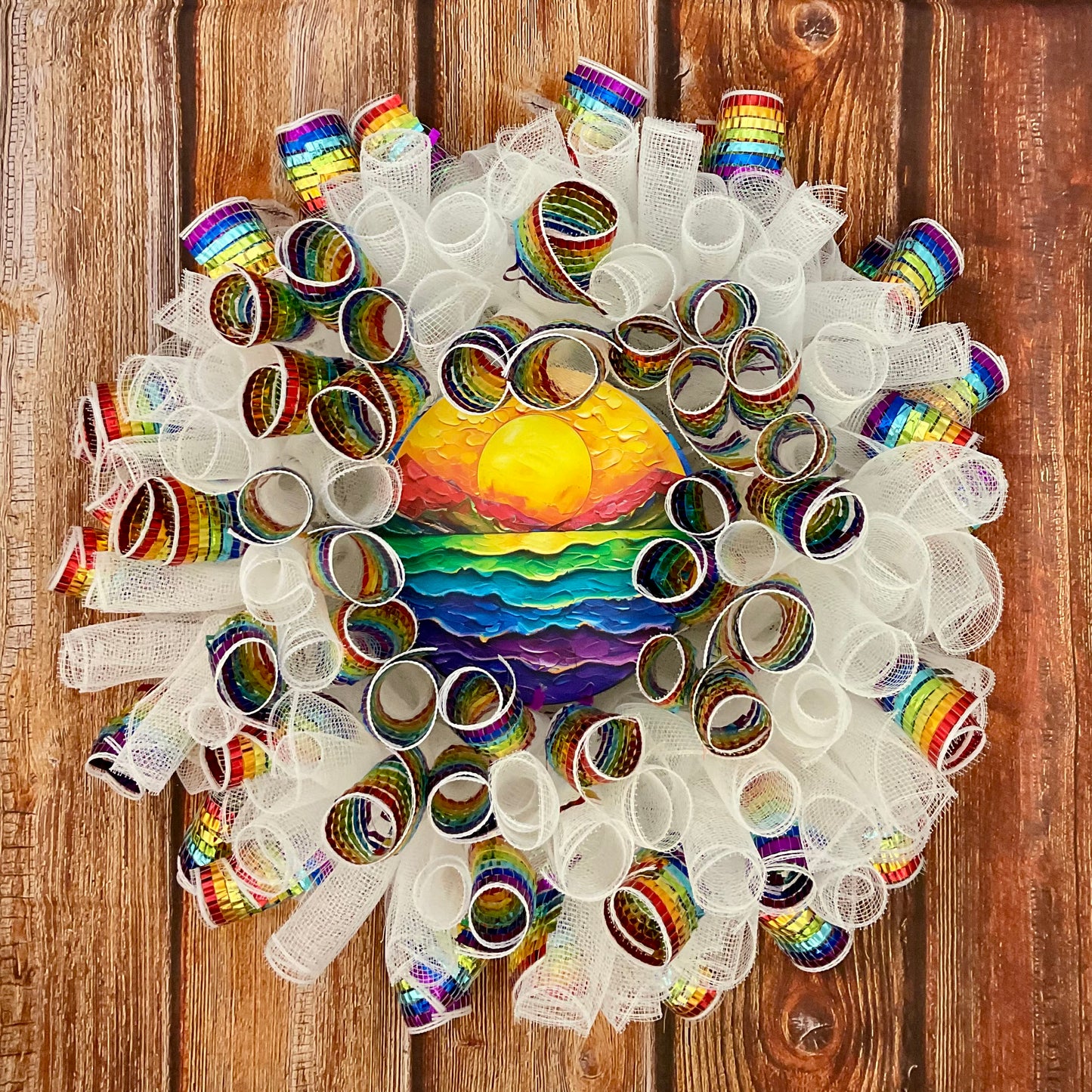 Sunset Pride Wreath – 24” Handmade Rainbow Mesh Wreath