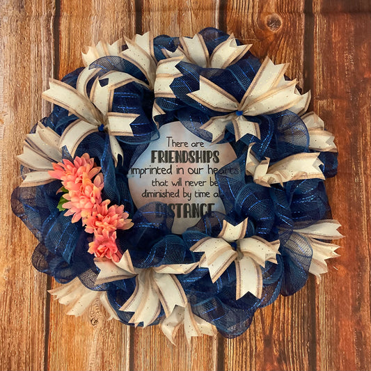 24” Navy & Cream Friendship Wreath – “Imprinted in Our Hearts” Design