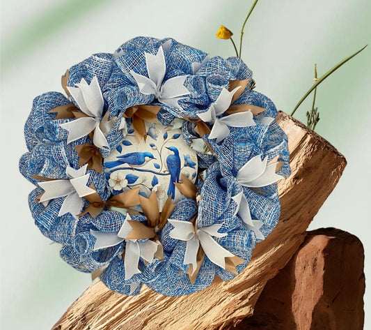Bluebird Melody Summer Wreath - 24” Mesh and Ribbon Front Door Wreath