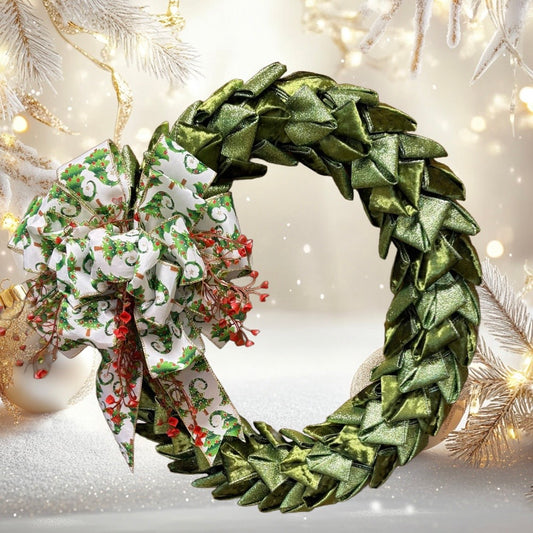 Holly Velvet – 22” Green Velvet Christmas Wreath with Holly Bow