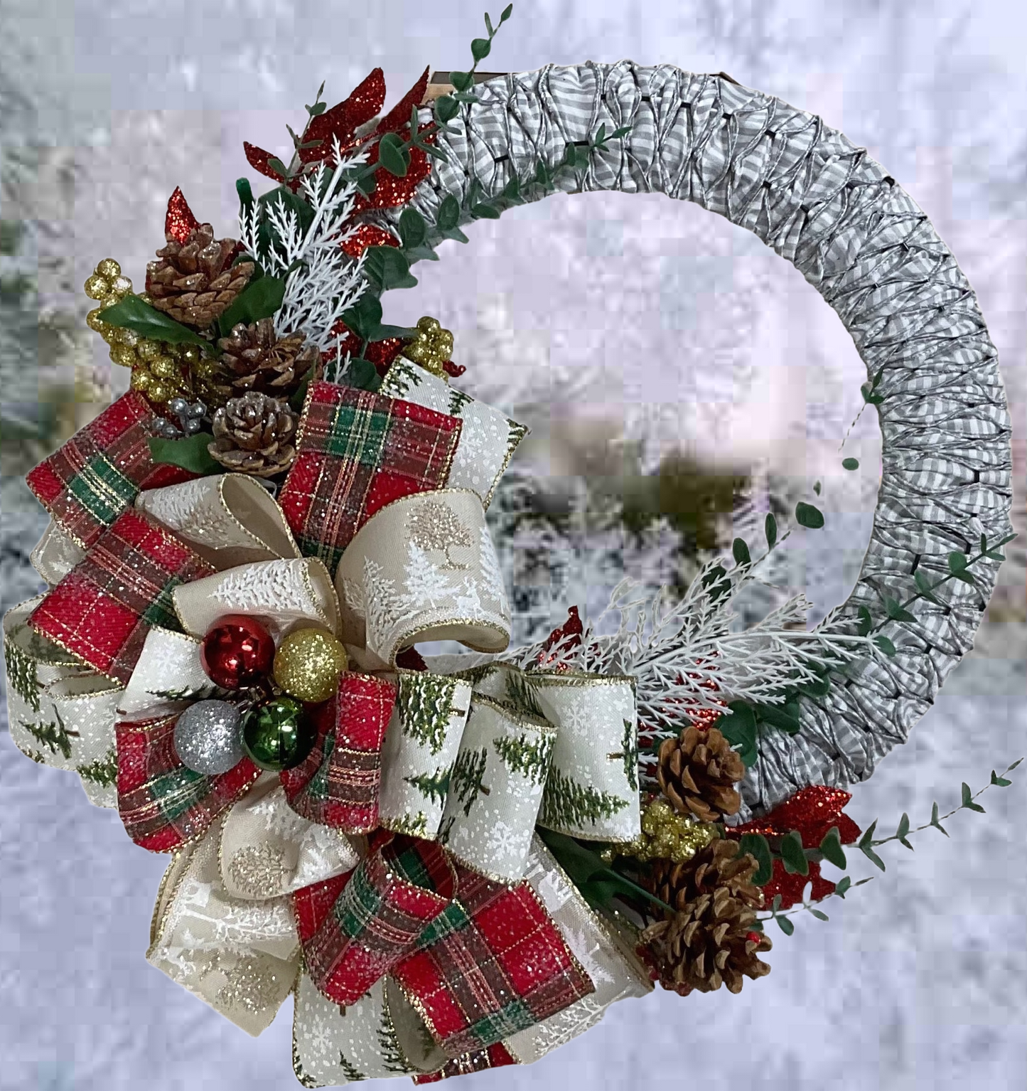 Winter’s Lodge — 18” Christmas Wreath with Plaid Bows & Pinecones