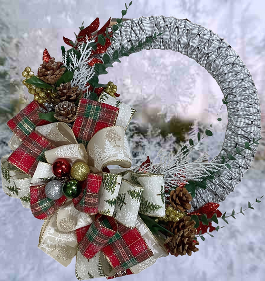 Winter’s Lodge — 18” Christmas Wreath with Plaid Bows & Pinecones