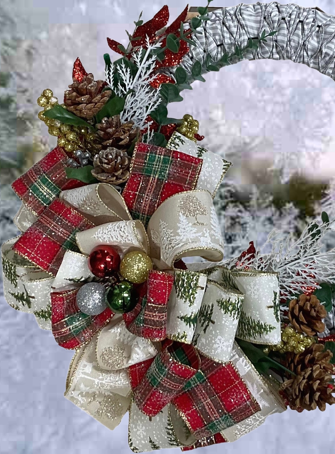 Winter’s Lodge — 18” Christmas Wreath with Plaid Bows & Pinecones