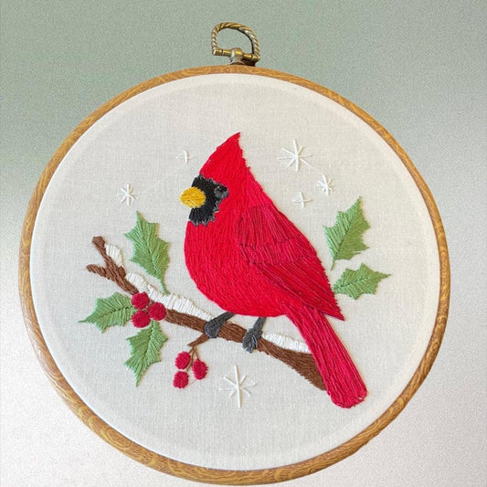 Cardinal Embroidery Hoop Art, Winter Bird Wall Decor, Red Cardinal on Holly Branch, Christmas Embroidery, Handmade Hoop Decor