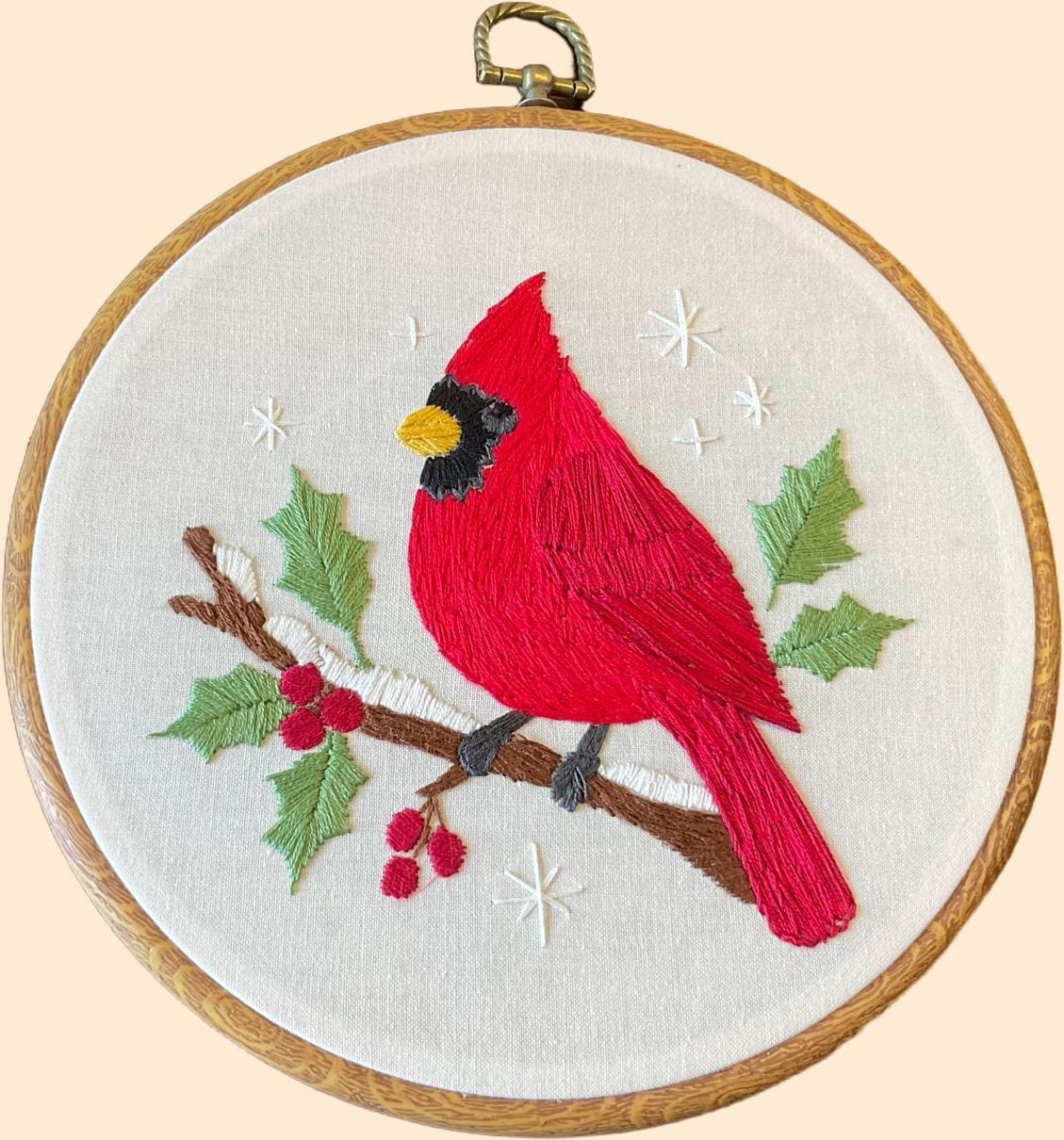 Cardinal Embroidery Hoop Art, Winter Bird Wall Decor, Red Cardinal on Holly Branch, Christmas Embroidery, Handmade Hoop Decor